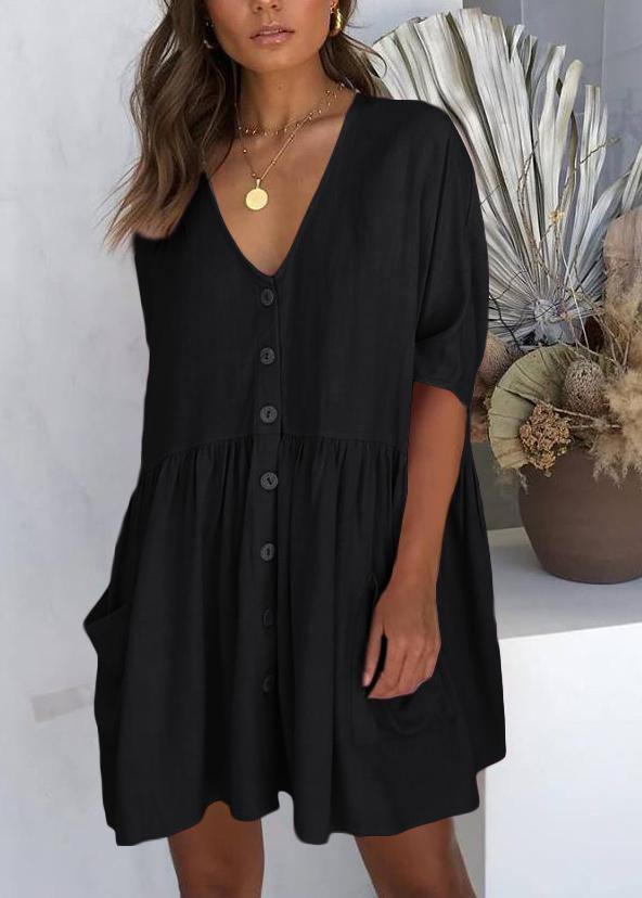 Black Button Cotton Pockets Summer Vacation Dresses