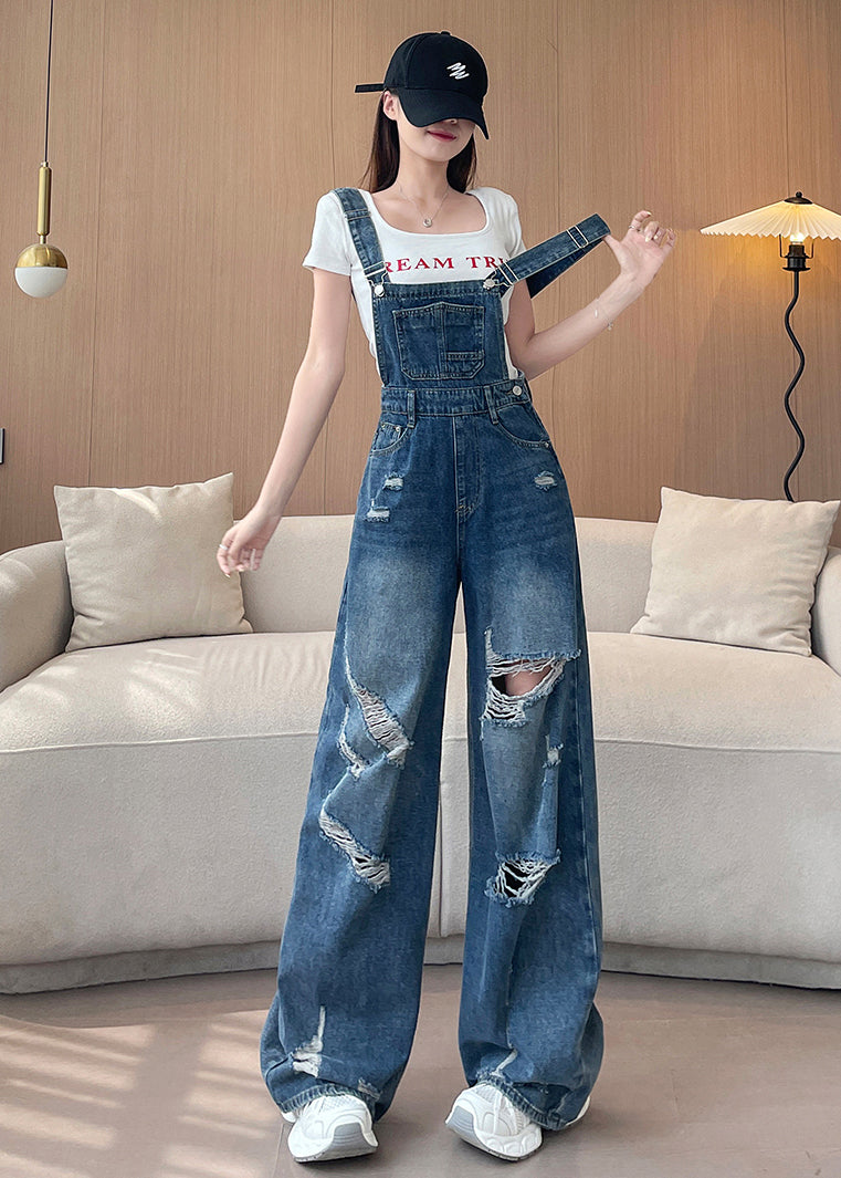 New Blue Ripped Denim Wide Leg Overalls Jumpsuit Fall