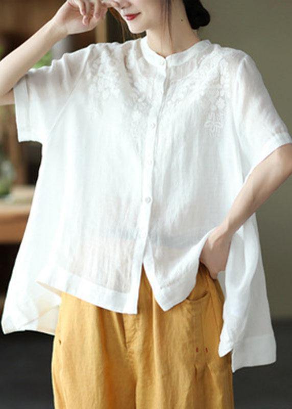 Orange Summer Side Open Stand Collar Ramie Loose Short Sleeve