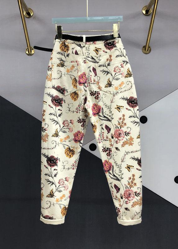 Apricot Print High Waist Sashes Pockets Beam Jeans