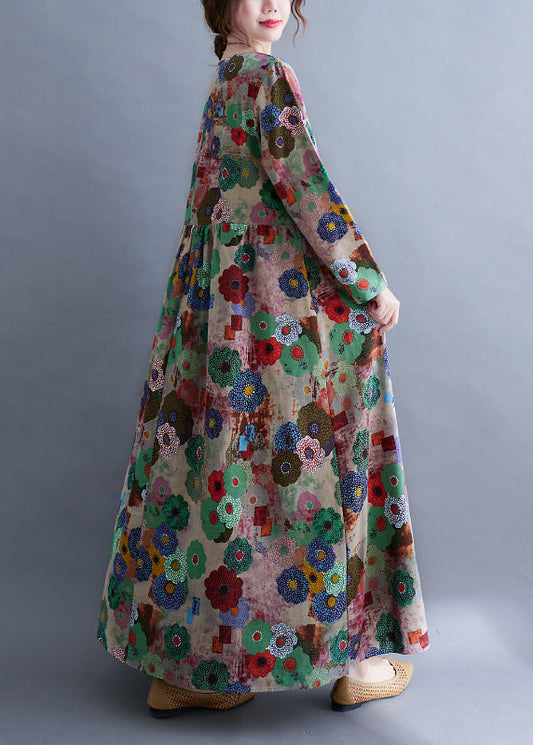 O-neck Print Wrinkled Extra Large Hem Long Dress Spring