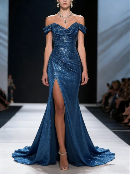 New Champagne Slash Neck Side Open Sequins Party Dress Summer