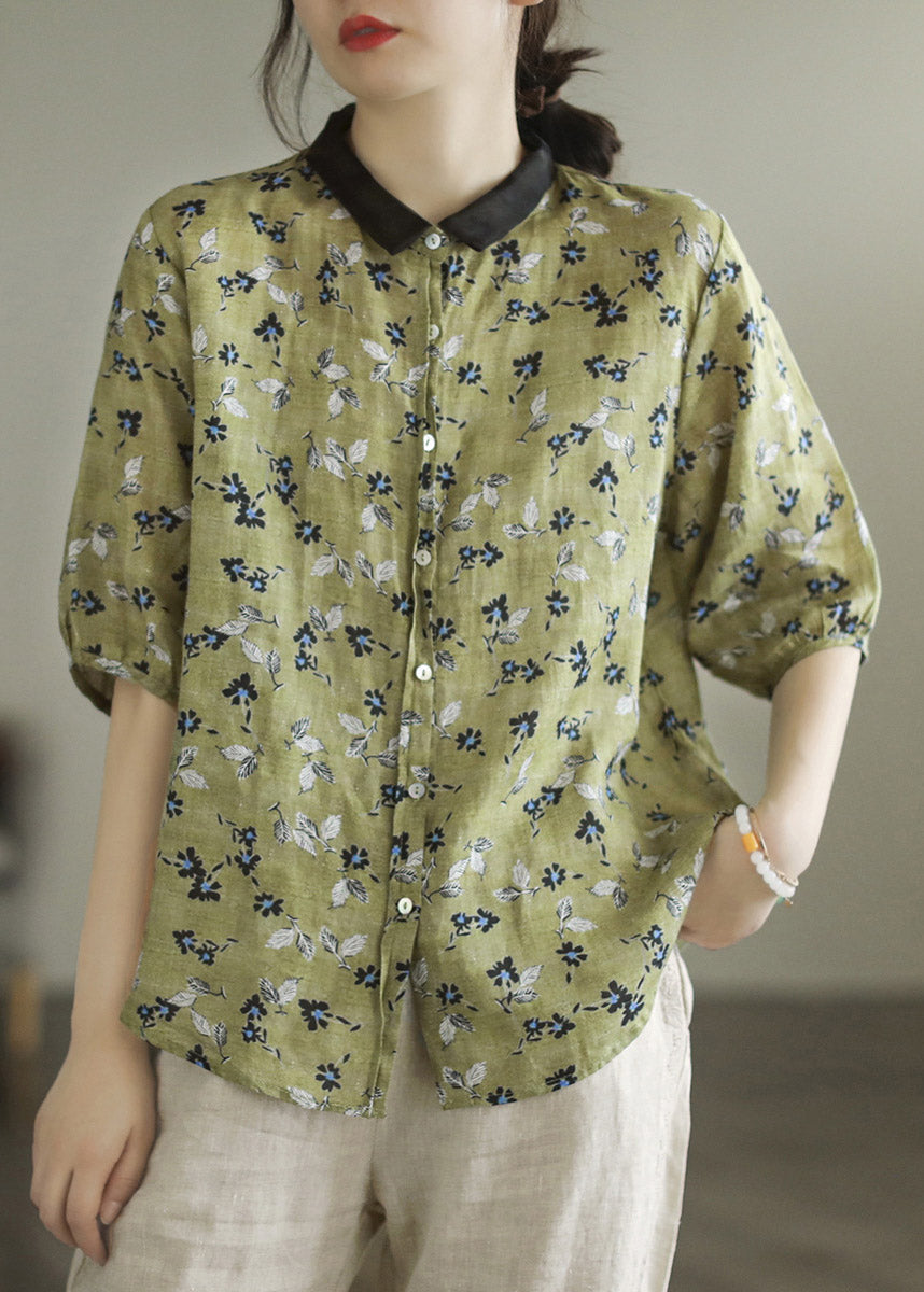 Colour 1 Peter Pan Collar Print Button Linen Shirt Half Sleeve