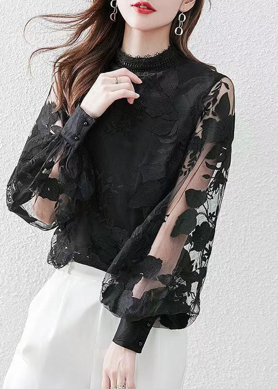 Black O-neck Lace Shirt Puff Sleeve