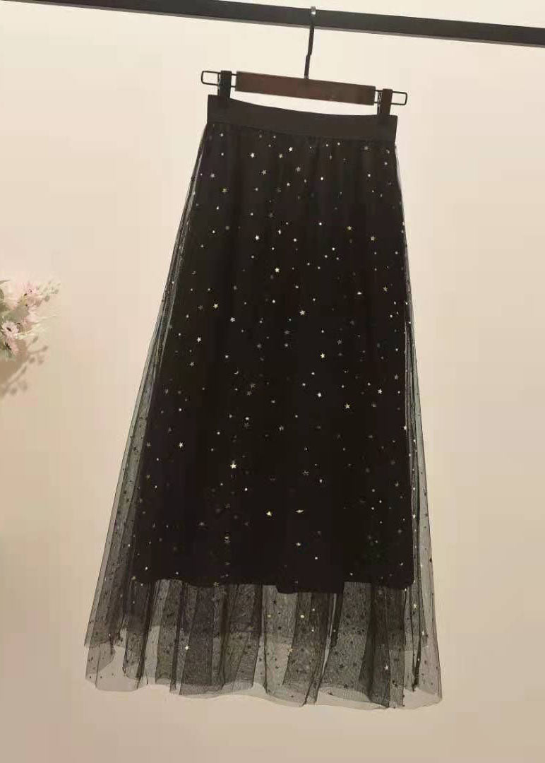 Black Elastic Waist Sequins Tulle Skirts Spring