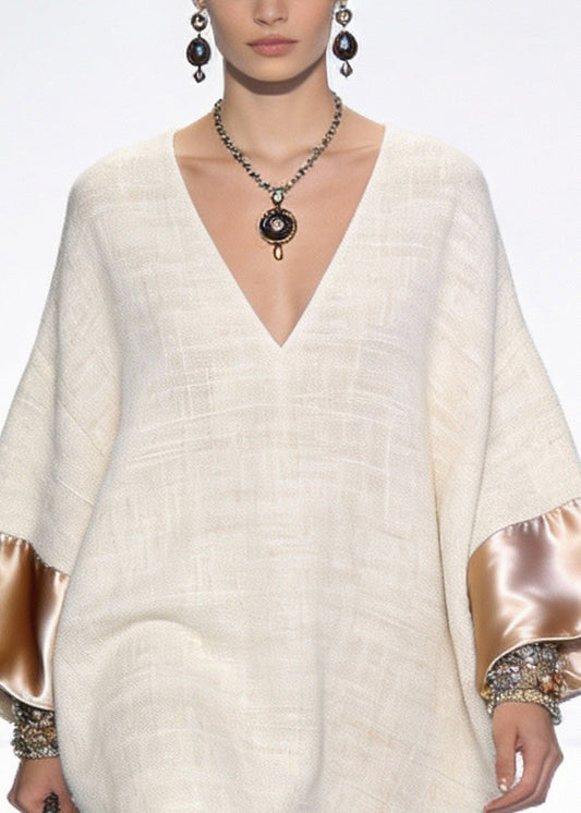 Apricot Original Design Silk Patchwork Mini Dresses V Neck Spring