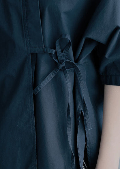 Art Navy Asymmetrical Tie Waist Cotton Shirt Top Half Sleeve