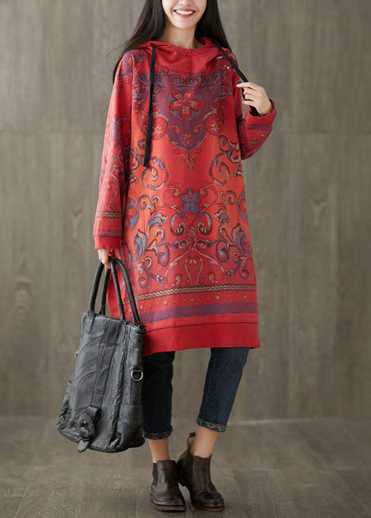 Red Print Sweatshirt Dresses Drawstring Spring