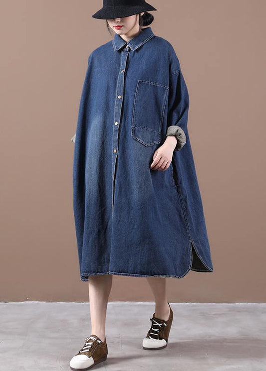 100% Lapel Patchwork Spring Outfit Ideas Denim Blue Long Dress