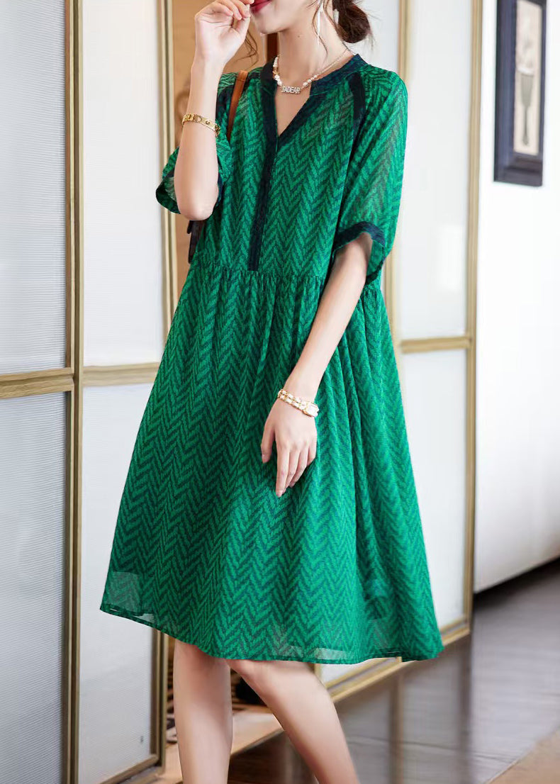 Green V Neck Print Chiffon Holiday Dress Summer