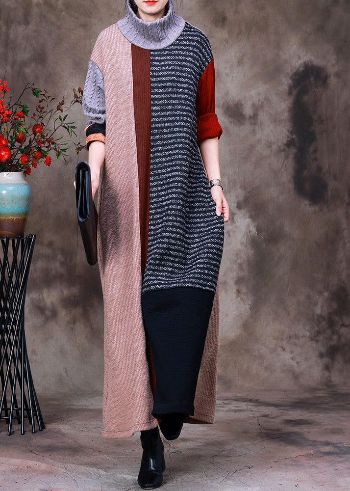 Turtleneck Striped Patchwork Knit Long Sweater Dress Long Sleeve