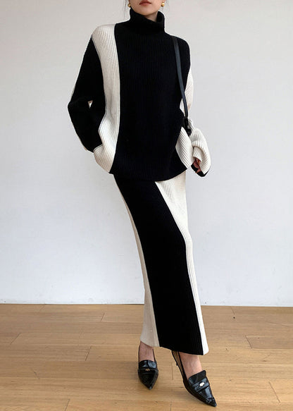 Loose Black Turtleneck Patchwork Tops and Skirts Knit Two Pieces Set Fall