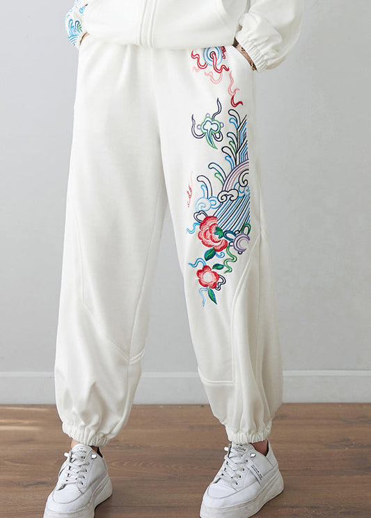 White Embroideried High Waist Pockets Beam Pants Fall