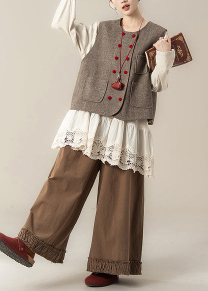 Coffee Pockets Woolen Waistcoat and Ruffled Pants Hollow Out T Shirt Cotton Three Pieces Set Fall