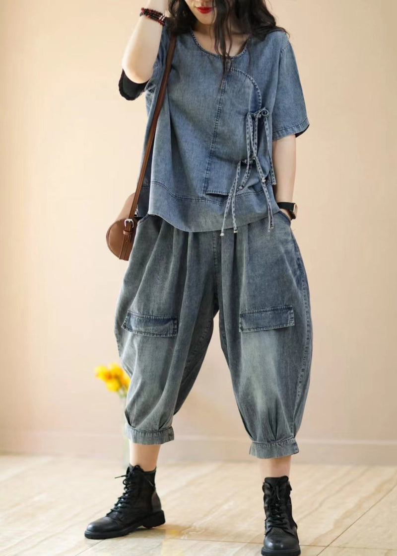 Blue Tops and Crop Pants Denim Two Piece Suit Set Summer