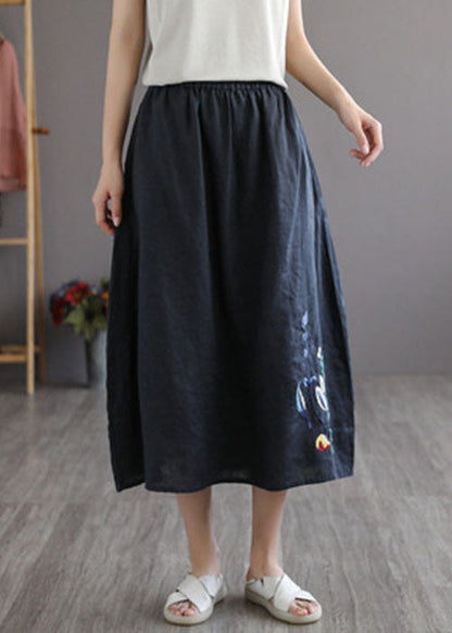 Black Elastic Waist Embroideried Linen a Line Skirts Spring