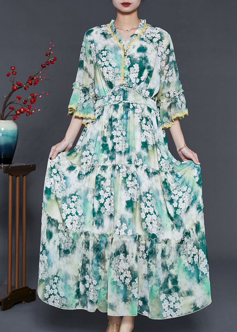 Green Ruffled Chiffon Holiday Dress Summer
