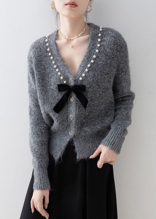 Boutique Dark Grey V Neck Nail Bead Knit Cardigan Spring