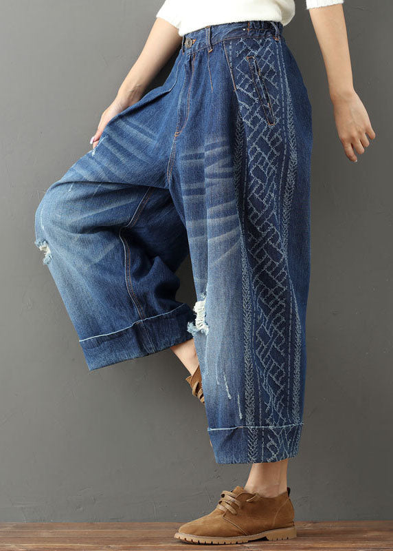 Modern Blue Elastic Waist Oversized Cotton Wide Leg Pants Ripped Jeans Spring