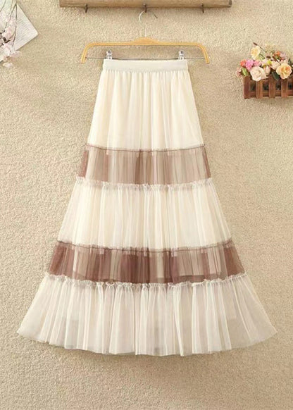 French Apricot Coffee Patchwork High Waist Tulle Pleated Skirts Spring