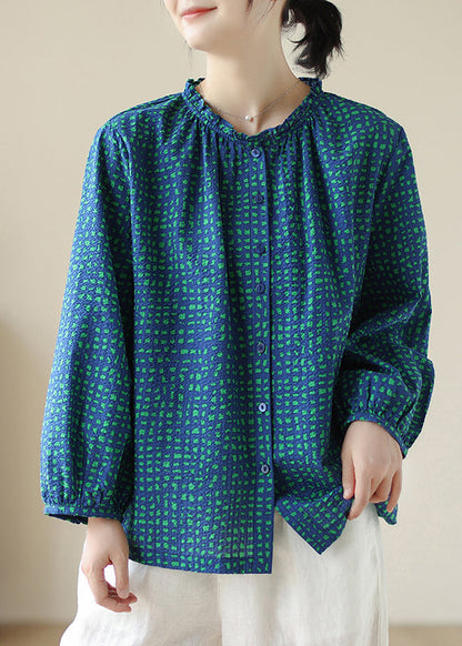 New Blue Ruffled Print Cotton Shirt Tops Spring