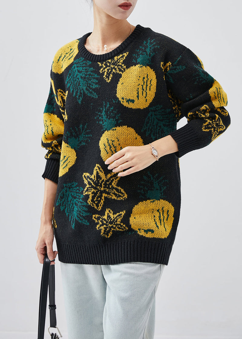 Black Oversized Print Knit Sweater Tops Winter