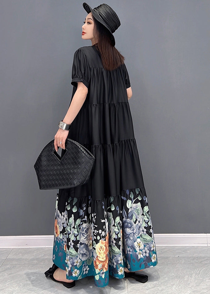 French Black Stand Collar Print Wrinkled Patchwork Cotton Long Dress Short Sleeve