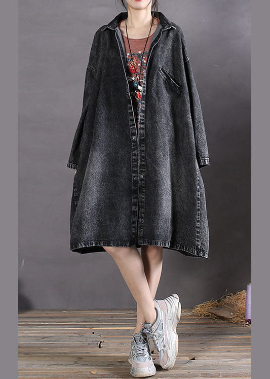 Diy Charcoal Grey Peter Pan Collar Button Denim Coats Spring