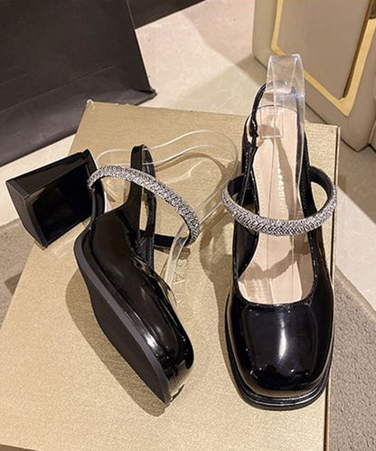 Black Cowhide Leather Cross Strap Chunky High Heels