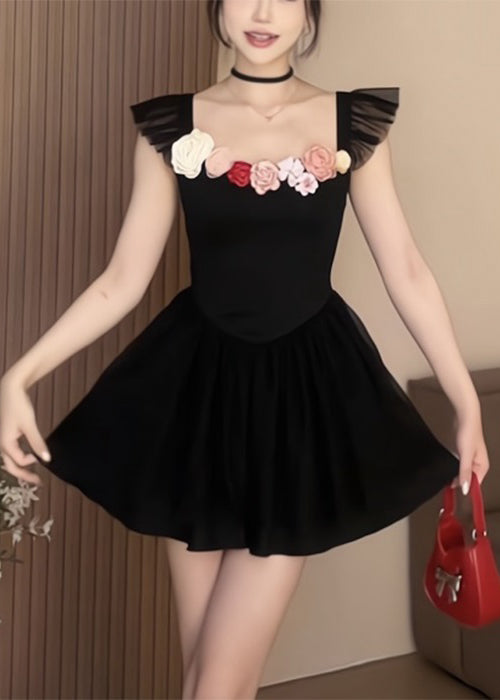 Black Square Collar Cotton Mid Dress Summer