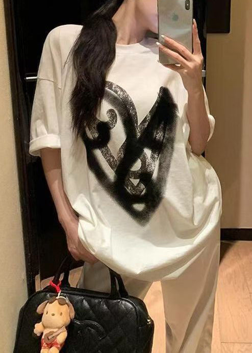 White Oversized Print Cotton Two Pieces Set Summer