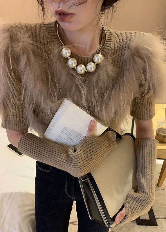 Art Khaki Leather and Fur Patchwork Knit Sweaters Winter