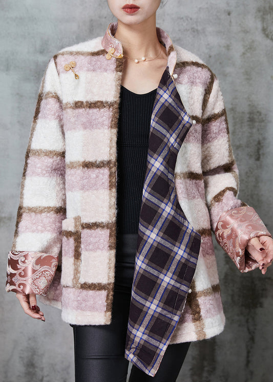 Pink Plaid Fine Cotton Filled Woolen Chinese Style Coats Spring