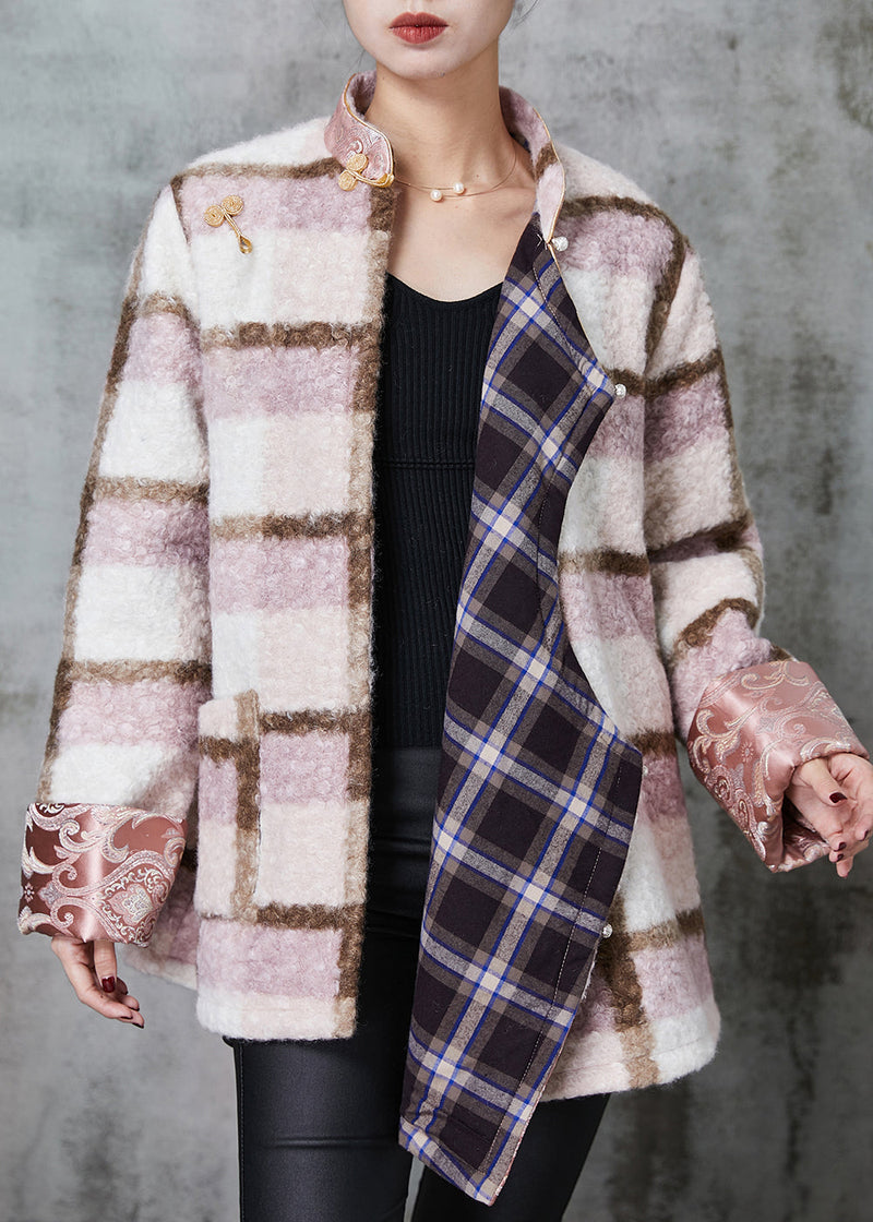 Pink Plaid Fine Cotton Filled Woolen Chinese Style Coats Spring