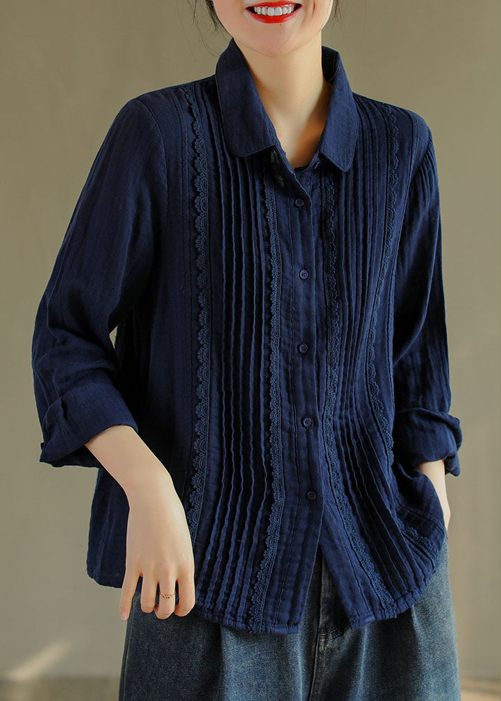 French Tibetan Blue Button Peter Pan Collar Lace Patchwork Cotton Shirt Tops Spring