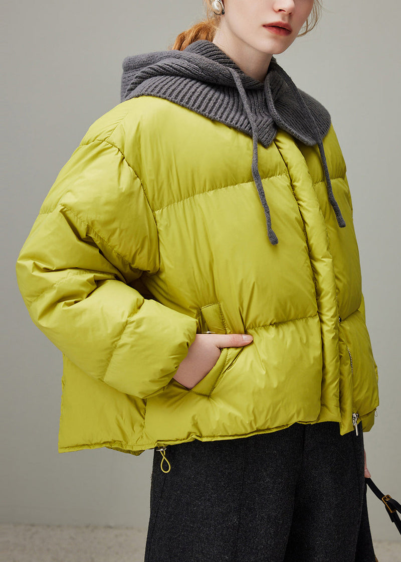 Lemon Green Hooded Zippered Knit Patchwork Duck Down Down Coat Winter