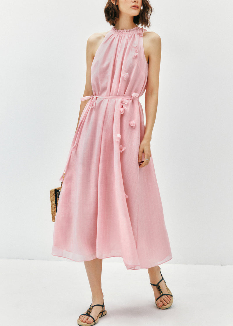 Pink Ruffled Cotton Long Dress Sleeveless