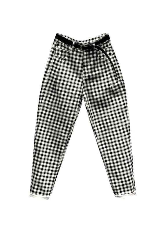 Black Plaid Pockets Patchwork Denim Pants Fall
