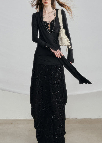 Black High Waist Cotton Two Pieces Set Hollow Out