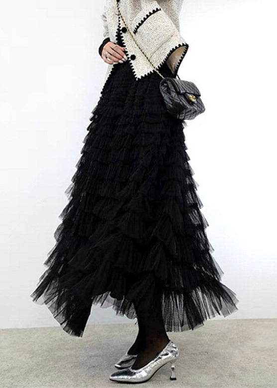 Black Lace Patchwork Tulle Elastic Waist Layered Skirts Spring