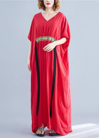 Classy Red V Neck Bow Summer Long Dresses Half Sleeve