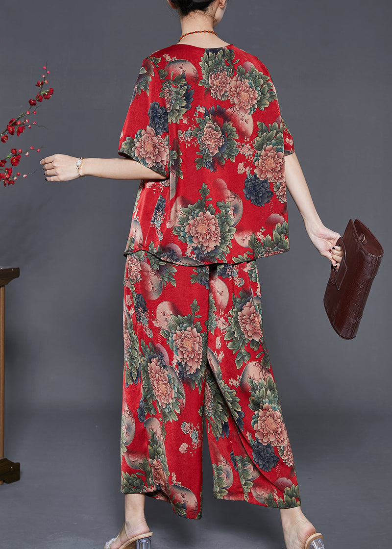 Red Print Silk Two Pieces Set Oversized Summer