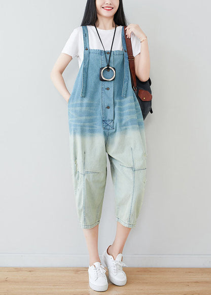 Light Blue Patchwork Gradient Color Cotton Overalls Jumpsuit Spring