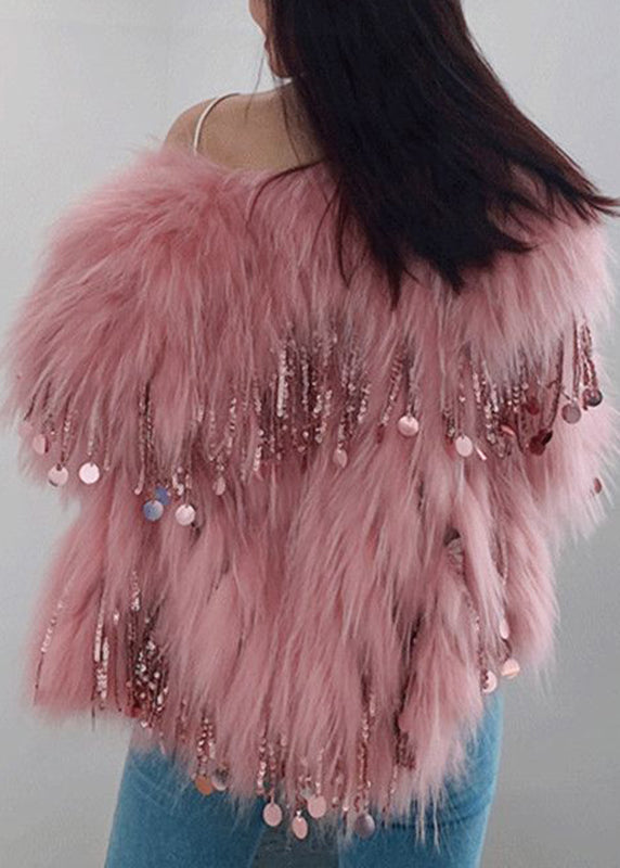 Novelty Pink Fox Collar Tassel Leather and Fur Coats Winter