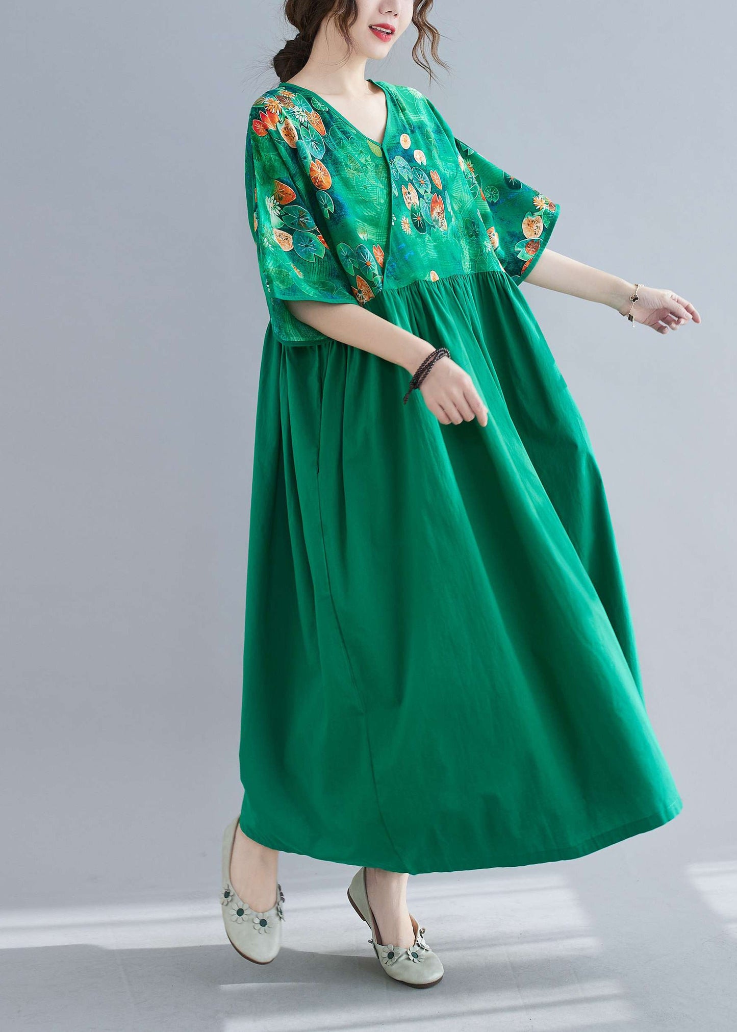 Green Cinched Print Long Dress Half Sleeve