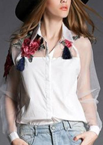 Organza White Peter Pan Collar Embroideried Tulle Patchwork Cotton Shirts Long Sleeve