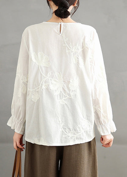 Red O-neck Embroidered Cotton Shirt Top Fall