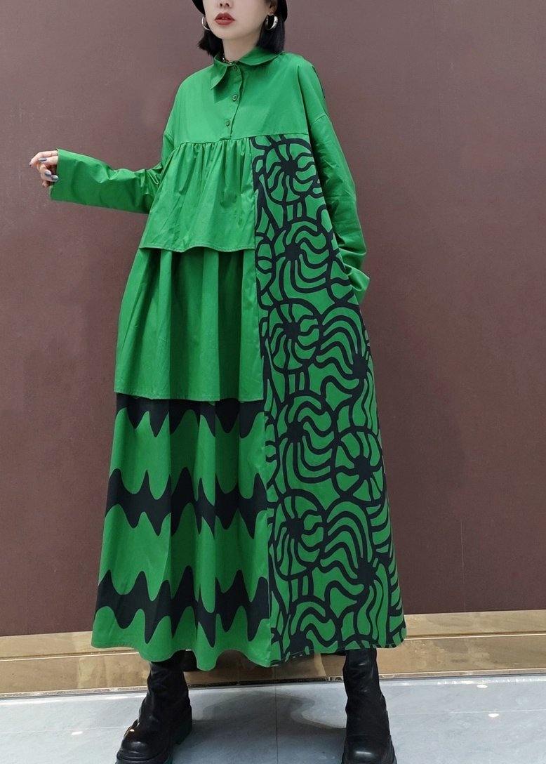 Vivid Lapel Asymmetric Spring Quilting Dresses Tunic Green Print Dress