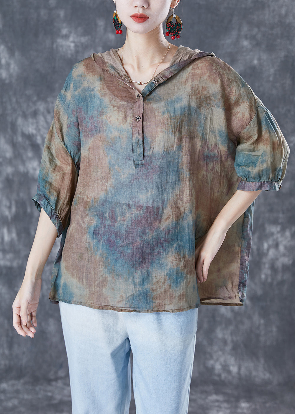 Blue Oversized Tie Dye Linen Shirt Tops Bracelet Sleeve