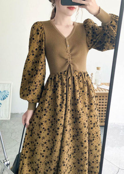 Style Khaki Knit Patchwork Drawstring Print Fall Maxi Dresses Long Sleeve